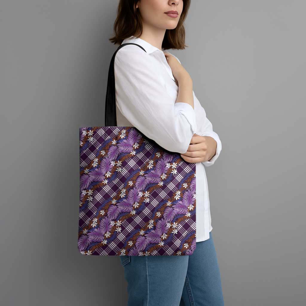 Polynesian Monstera Tiare Floral Tote Bag Lavender Tropical Plaid - Polynesian Pride
