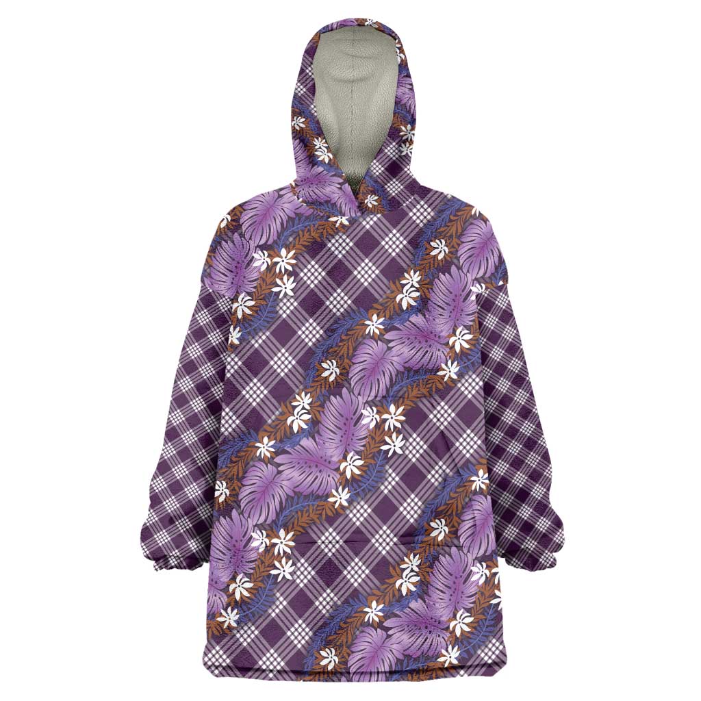 Polynesian Monstera Tiare Floral Wearable Blanket Hoodie Lavender Tropical Plaid - Polynesian Pride
