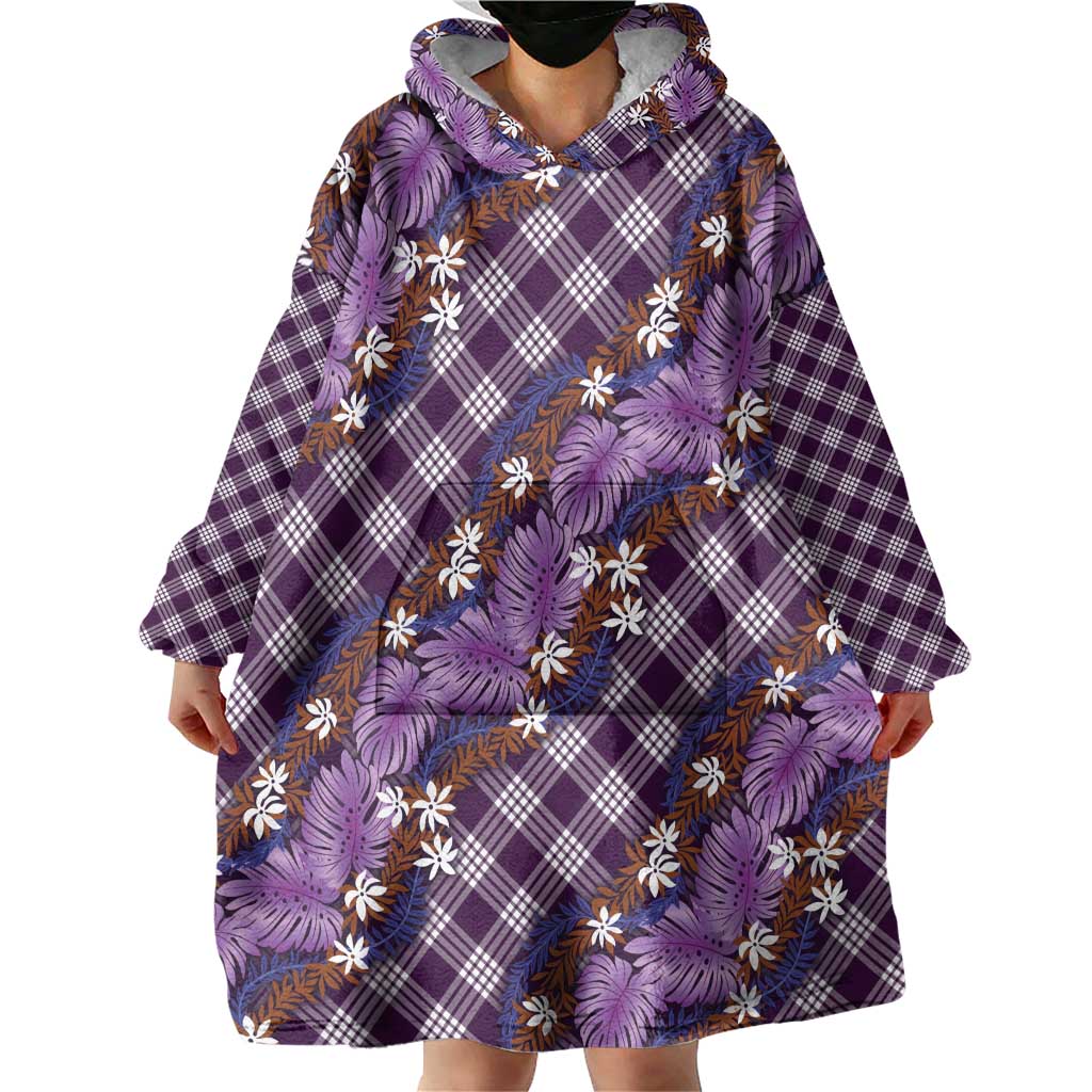 Polynesian Monstera Tiare Floral Wearable Blanket Hoodie Lavender Tropical Plaid - Polynesian Pride