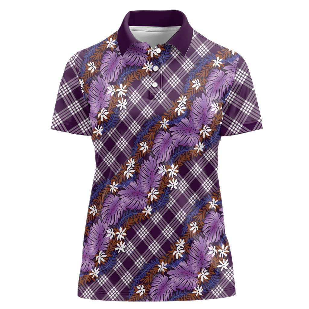 Polynesian Monstera Tiare Floral Women Polo Shirt Lavender Tropical Plaid - Polynesian Pride