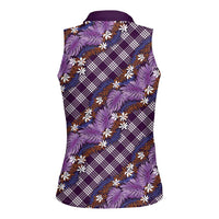 Polynesian Monstera Tiare Floral Women Sleeveless Polo Shirt Lavender Tropical Plaid - Polynesian Pride