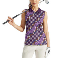 Polynesian Monstera Tiare Floral Women Sleeveless Polo Shirt Lavender Tropical Plaid - Polynesian Pride