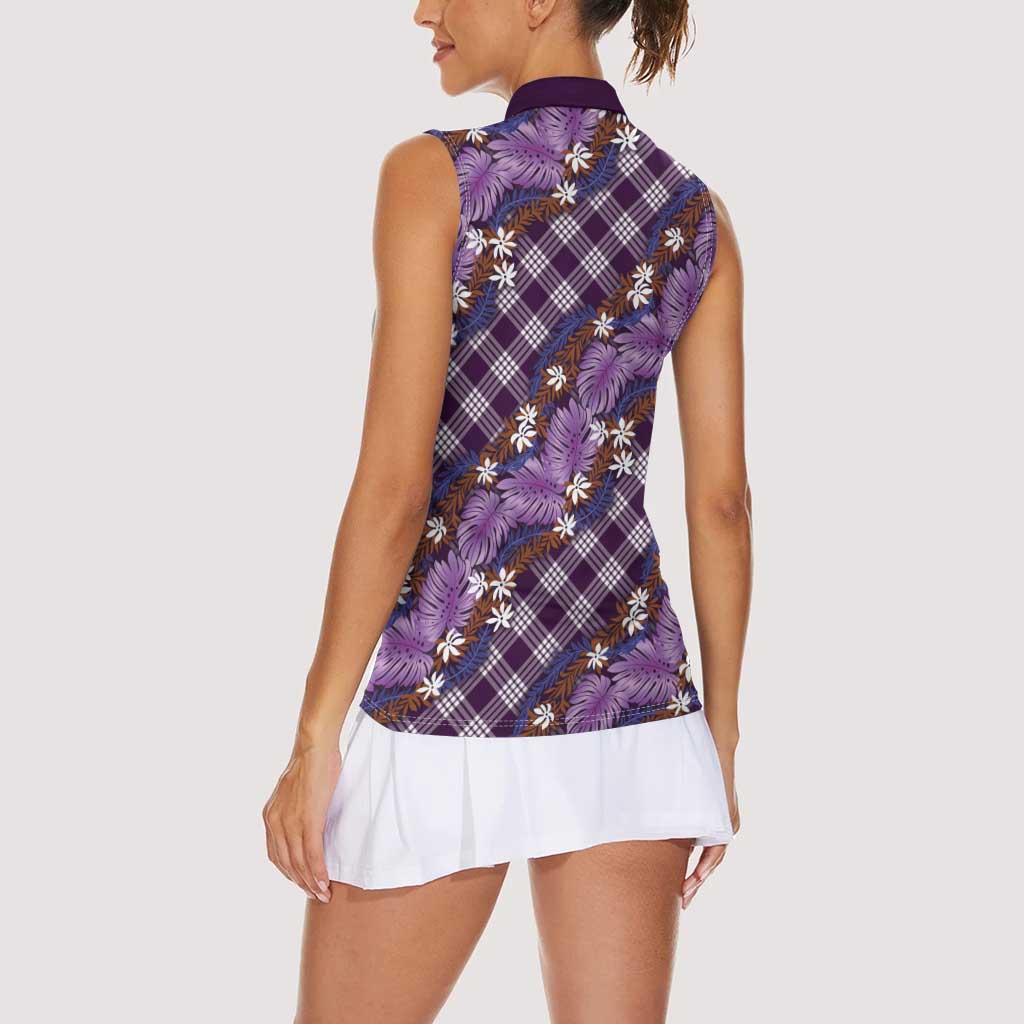 Polynesian Monstera Tiare Floral Women Sleeveless Polo Shirt Lavender Tropical Plaid - Polynesian Pride