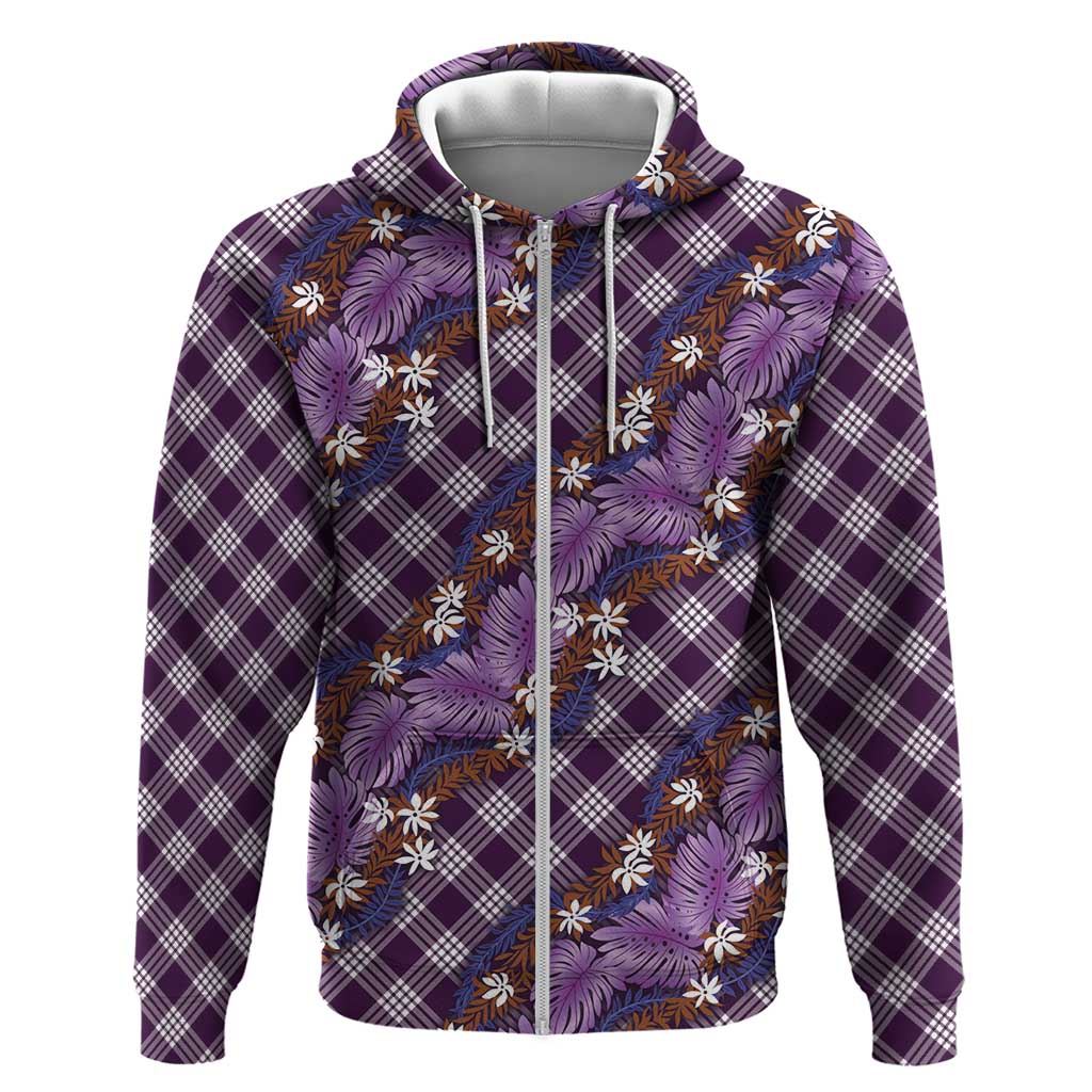 Polynesian Monstera Tiare Floral Zip Hoodie Lavender Tropical Plaid - Polynesian Pride