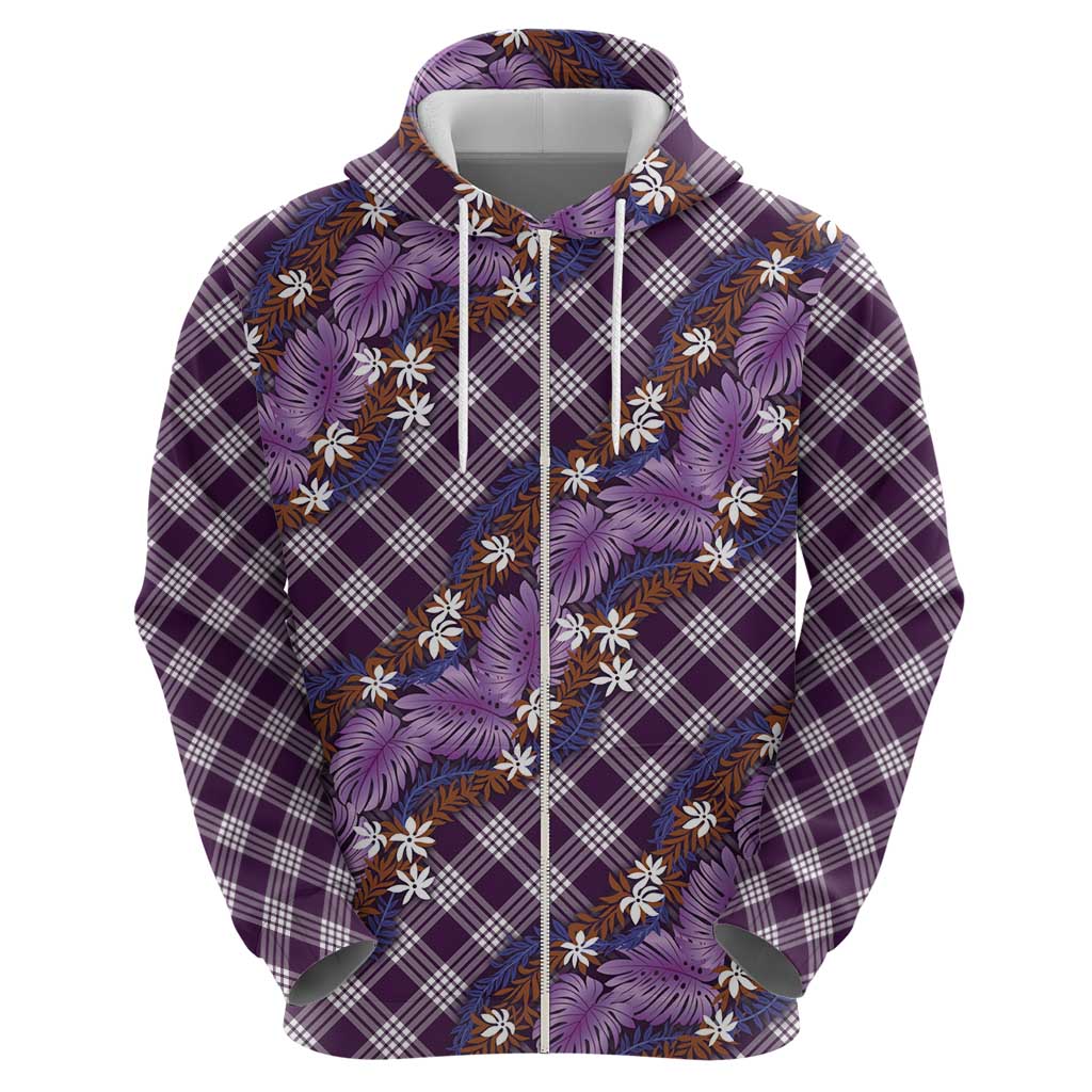 Polynesian Monstera Tiare Floral Zip Hoodie Lavender Tropical Plaid - Polynesian Pride