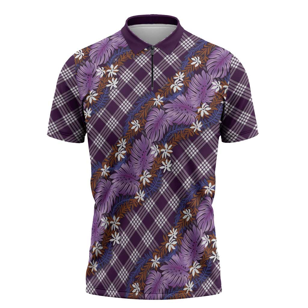 Polynesian Monstera Tiare Floral Zipper Polo Shirt Lavender Tropical Plaid - Polynesian Pride