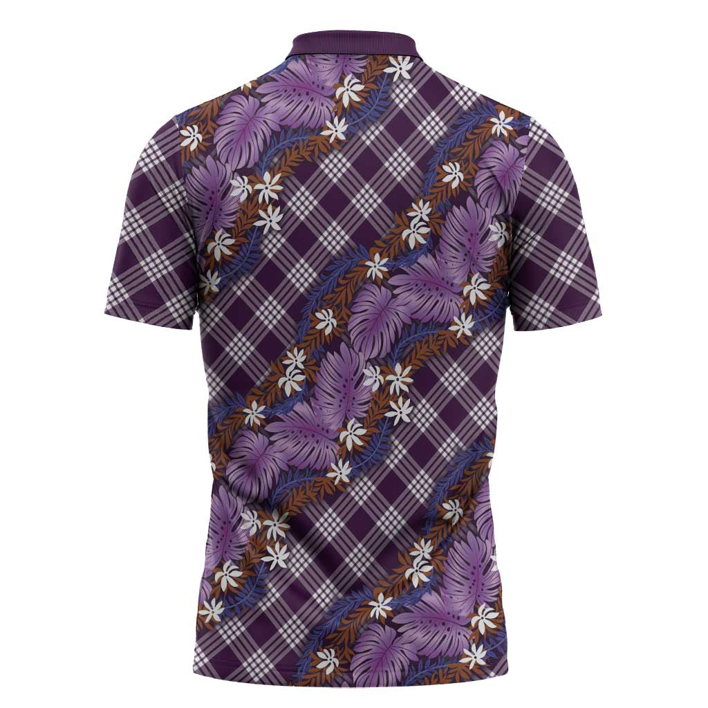 Polynesian Monstera Tiare Floral Zipper Polo Shirt Lavender Tropical Plaid - Polynesian Pride