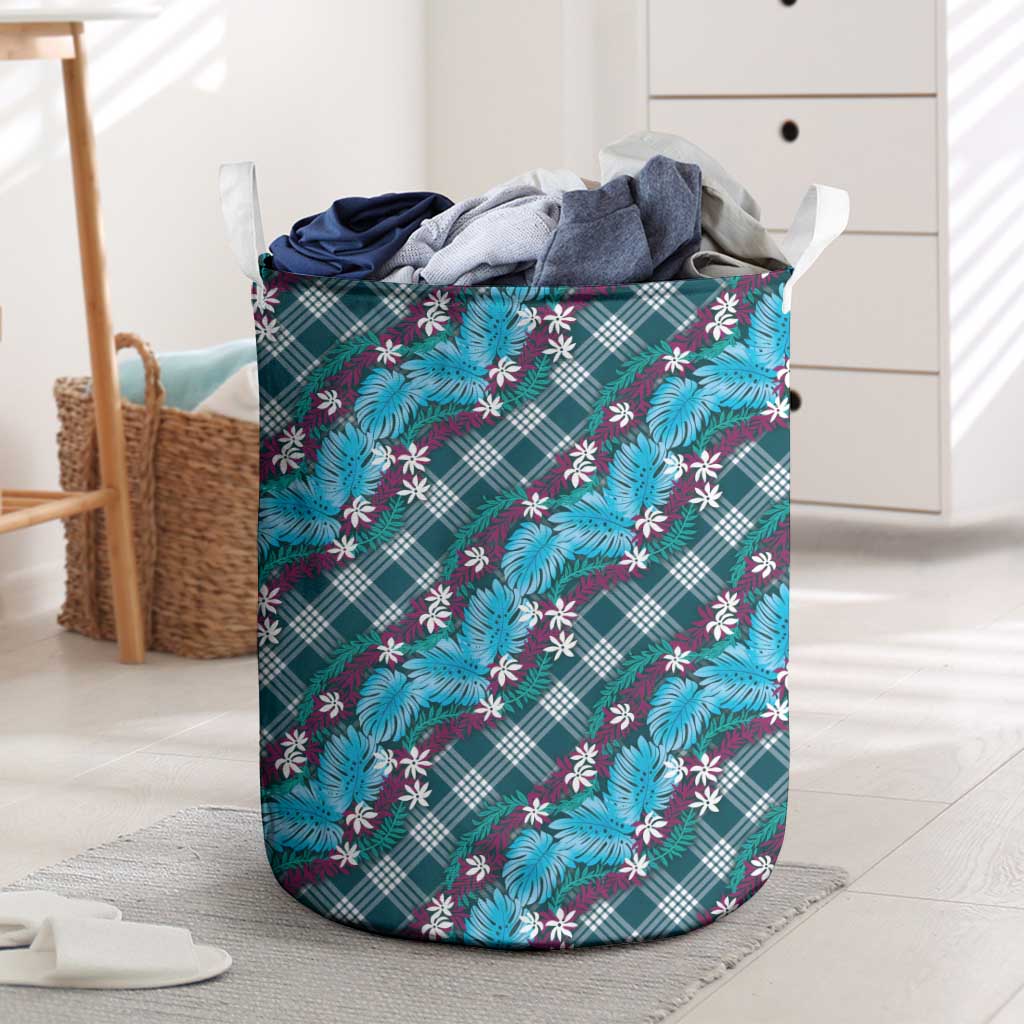 Polynesian Monstera Tiare Floral Laundry Basket Dark Teal Tropical Plaid - Polynesian Pride