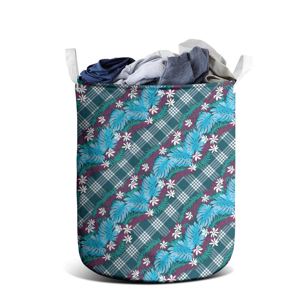 Polynesian Monstera Tiare Floral Laundry Basket Dark Teal Tropical Plaid - Polynesian Pride