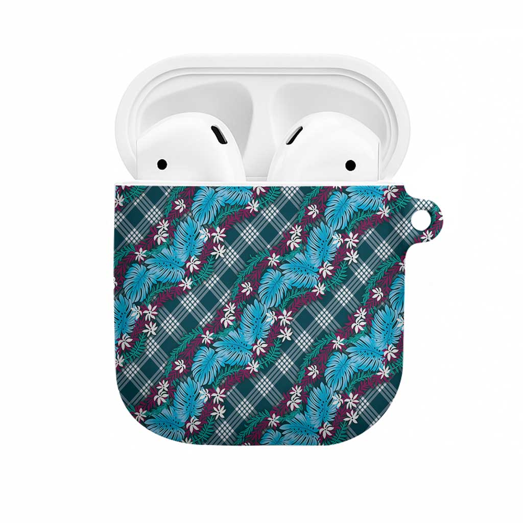Polynesian Monstera Tiare Floral AirPods Case Dark Teal Tropical Plaid - Polynesian Pride