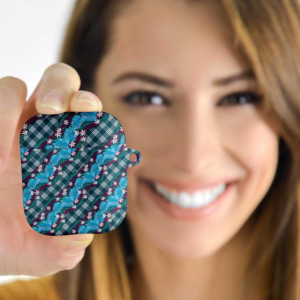 Polynesian Monstera Tiare Floral AirPods Case Dark Teal Tropical Plaid - Polynesian Pride