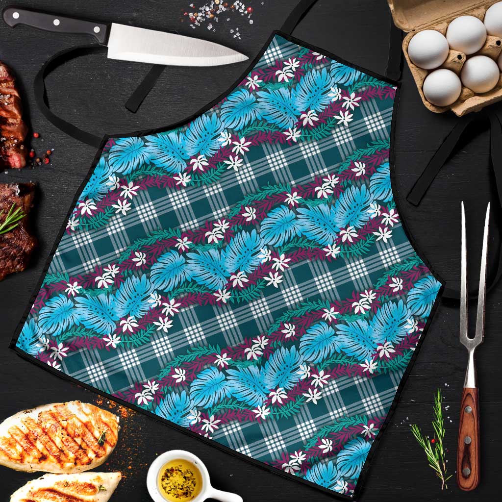 Polynesian Monstera Tiare Floral Apron Dark Teal Tropical Plaid - Polynesian Pride