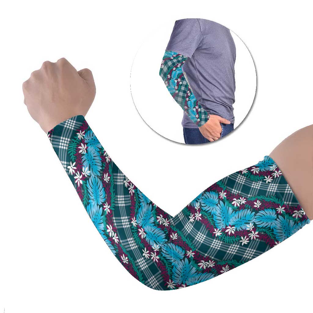 Polynesian Monstera Tiare Floral Arm Sleeves Dark Teal Tropical Plaid - Polynesian Pride
