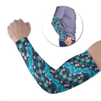 Polynesian Monstera Tiare Floral Arm Sleeves Dark Teal Tropical Plaid - Polynesian Pride