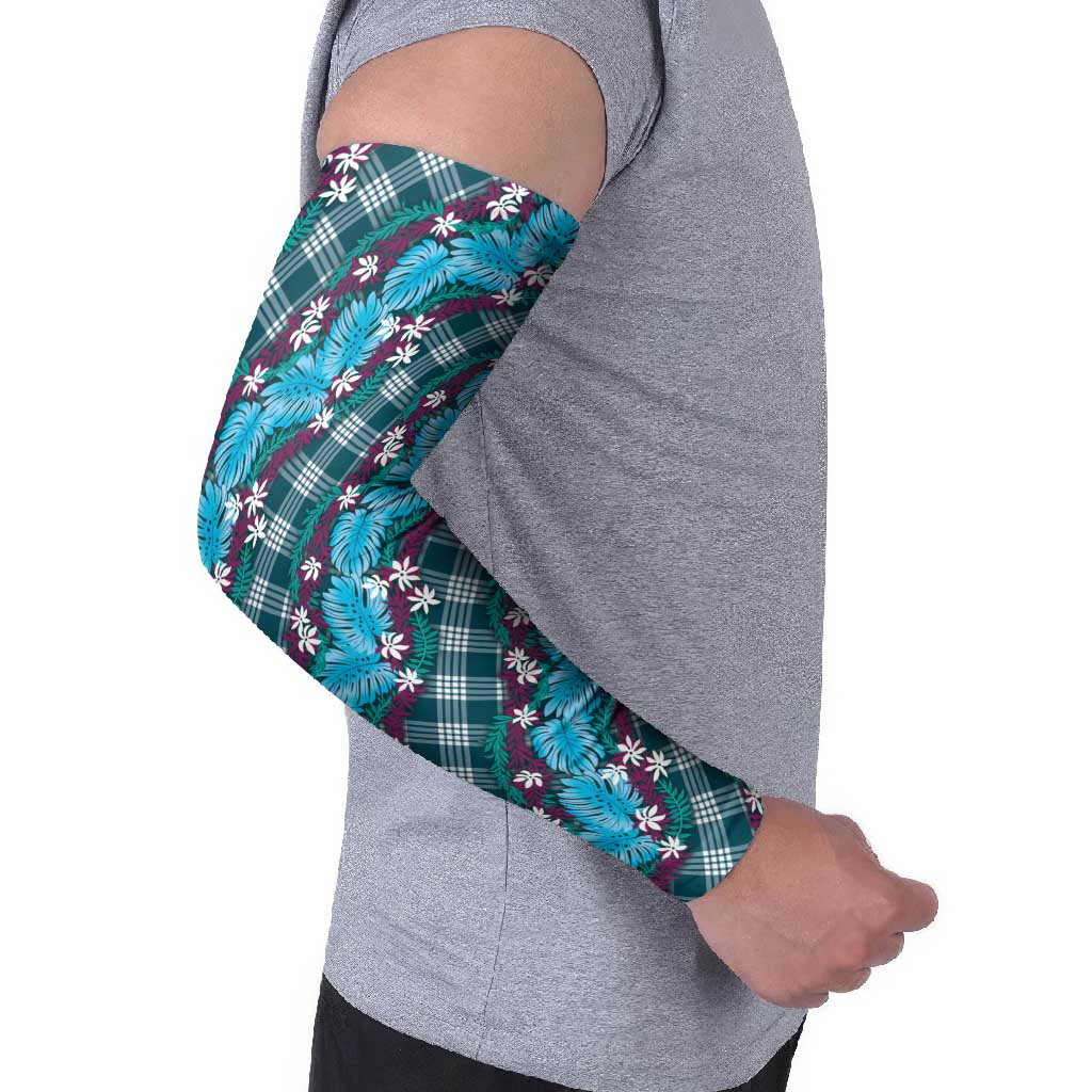 Polynesian Monstera Tiare Floral Arm Sleeves Dark Teal Tropical Plaid - Polynesian Pride