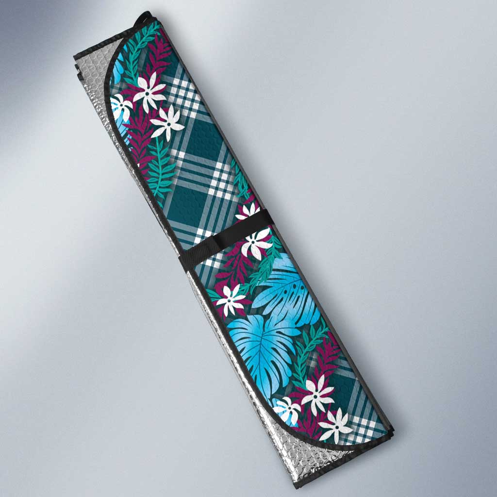 Polynesian Monstera Tiare Floral Auto Sun Shade Dark Teal Tropical Plaid - Polynesian Pride