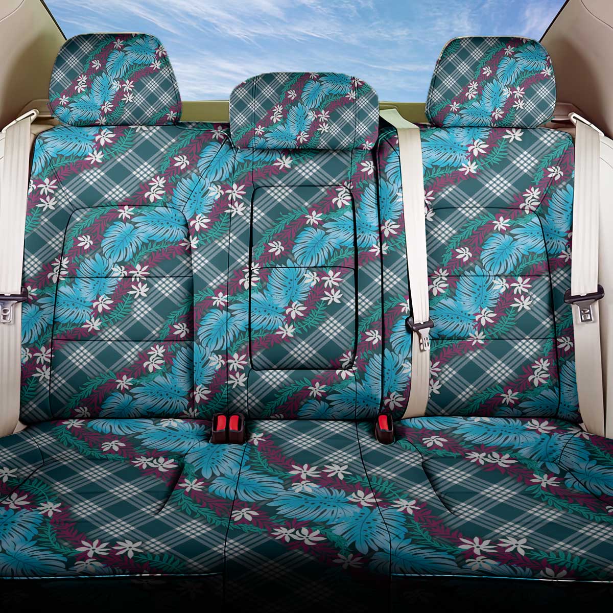 Polynesian Monstera Tiare Floral Back Car Seat Cover Dark Teal Tropical Plaid - Polynesian Pride