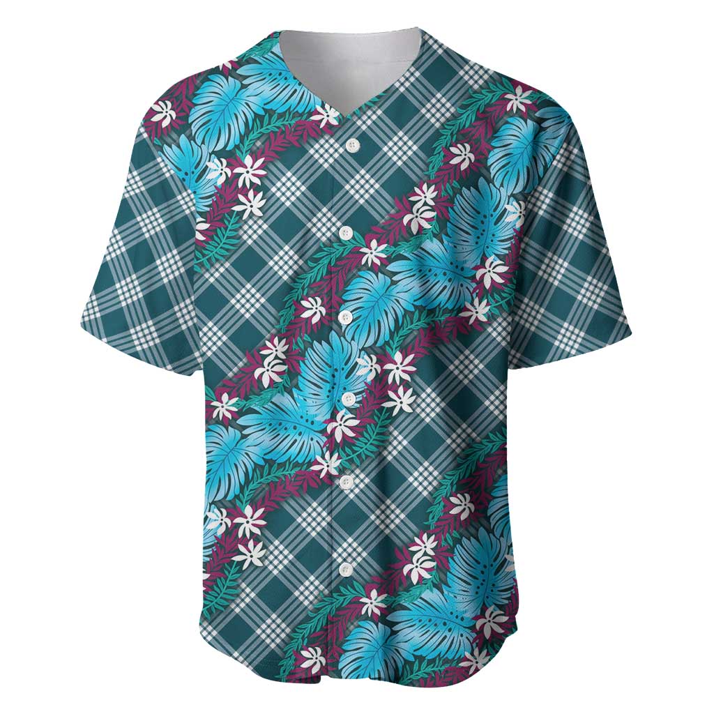 Polynesian Monstera Tiare Floral Baseball Jersey Dark Teal Tropical Plaid - Polynesian Pride