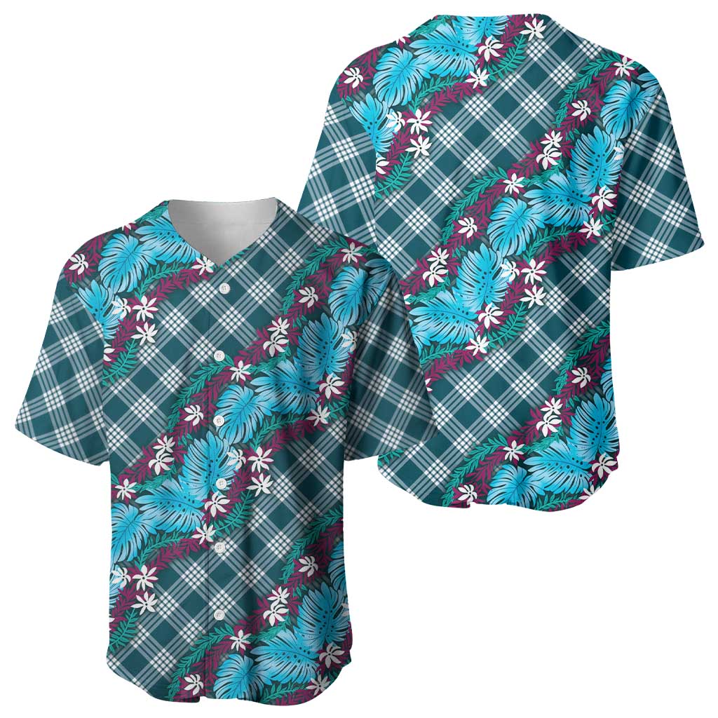 Polynesian Monstera Tiare Floral Baseball Jersey Dark Teal Tropical Plaid - Polynesian Pride