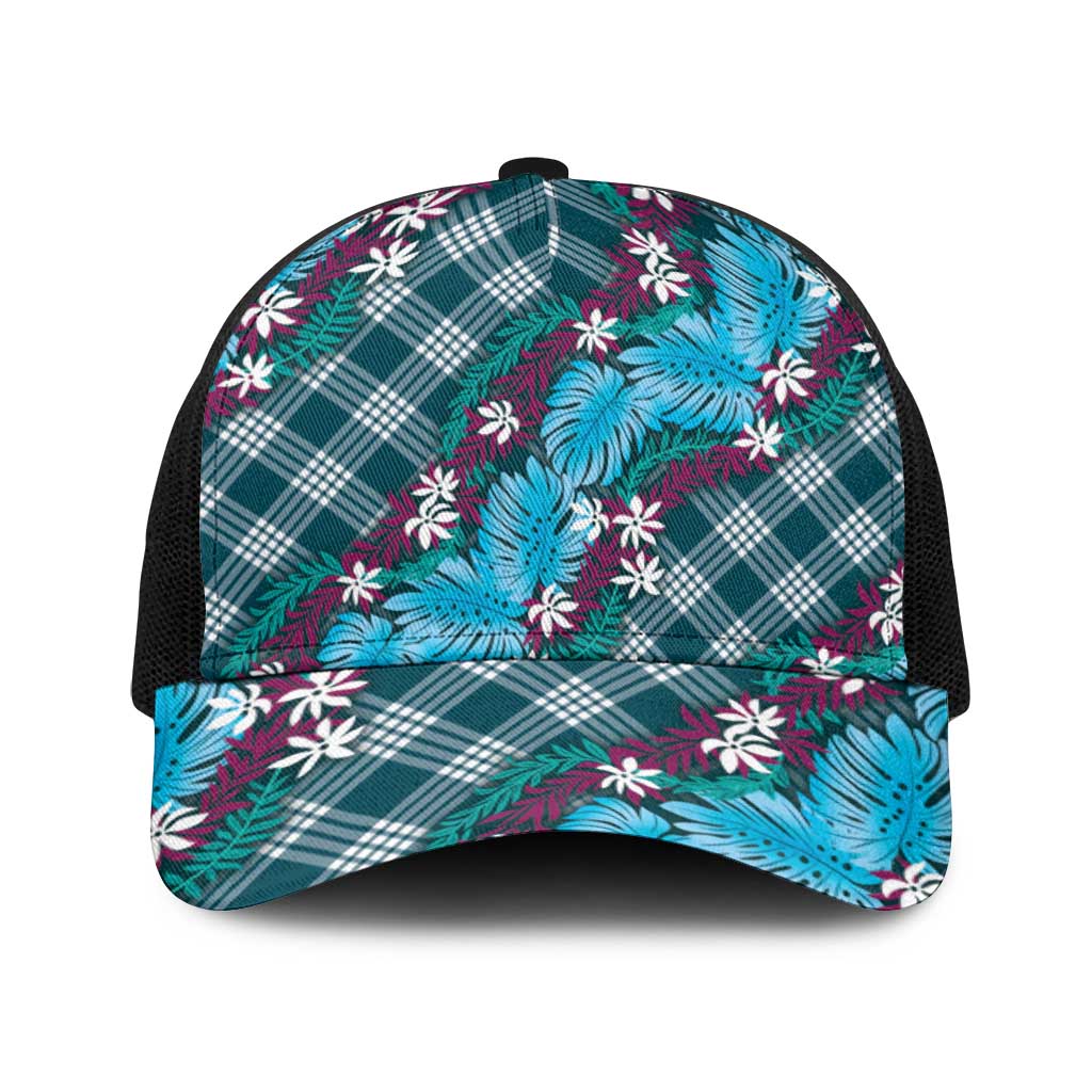 Polynesian Monstera Tiare Floral Baseball Net Cap Dark Teal Tropical Plaid - Polynesian Pride