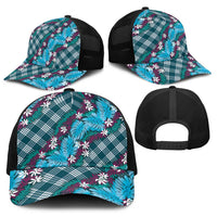 Polynesian Monstera Tiare Floral Baseball Net Cap Dark Teal Tropical Plaid - Polynesian Pride