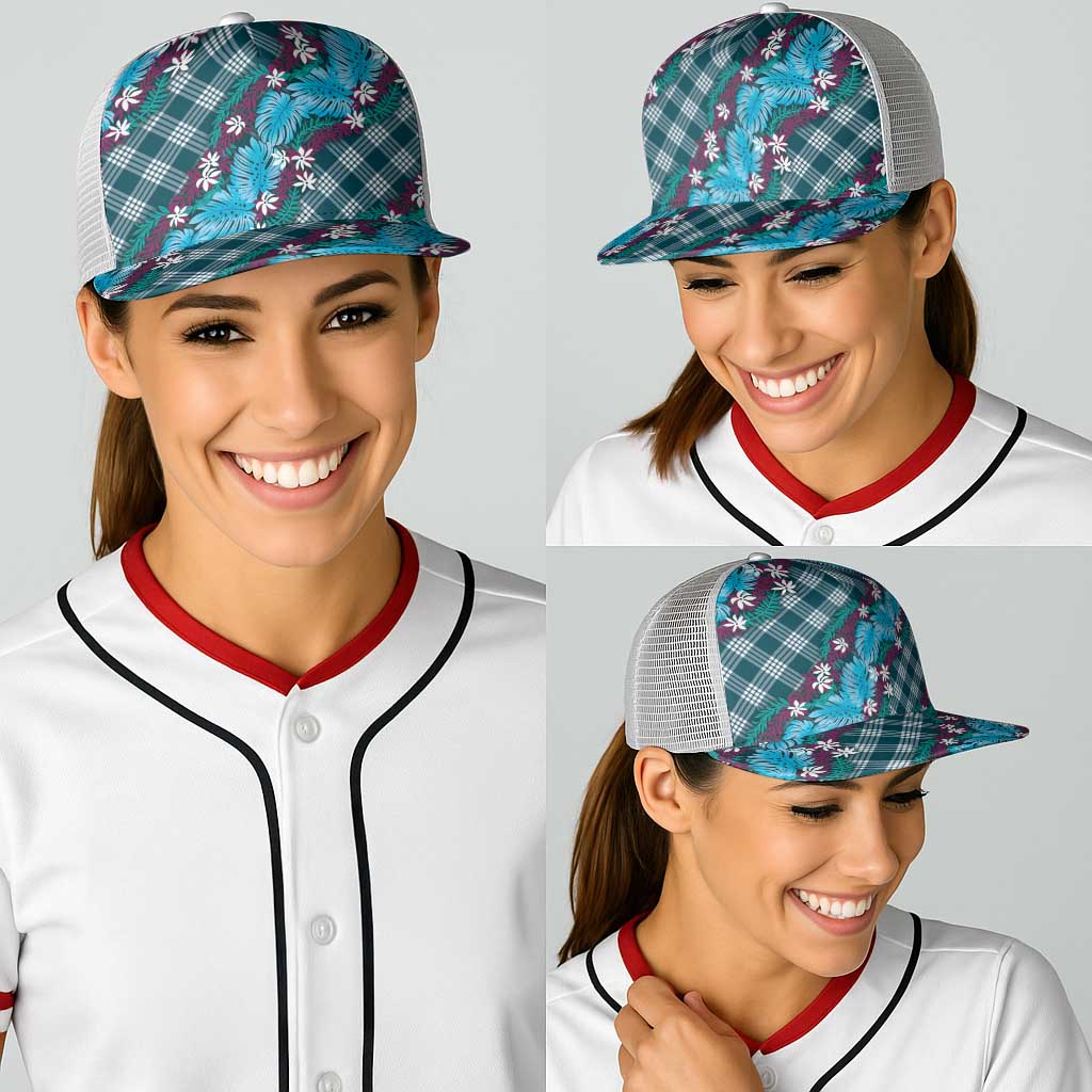 Polynesian Monstera Tiare Floral Baseball Net Cap Dark Teal Tropical Plaid - Polynesian Pride