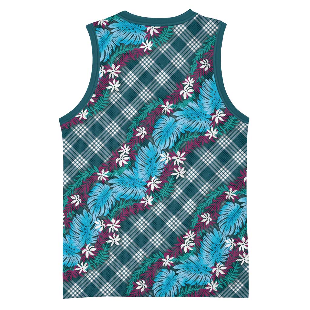 Polynesian Monstera Tiare Floral Basketball Jersey Dark Teal Tropical Plaid - Polynesian Pride