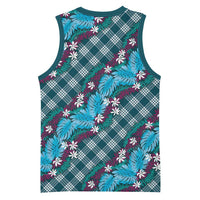 Polynesian Monstera Tiare Floral Basketball Jersey Dark Teal Tropical Plaid - Polynesian Pride