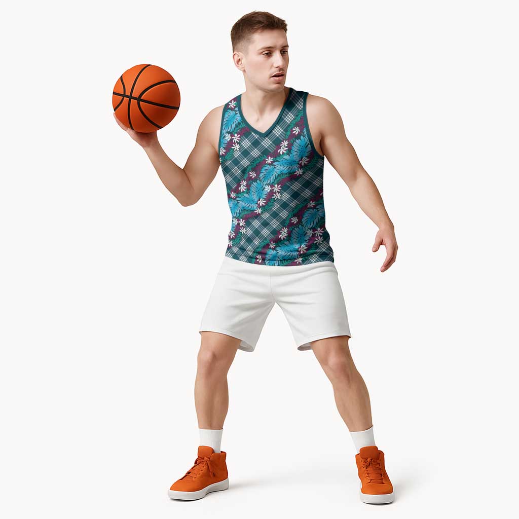 Polynesian Monstera Tiare Floral Basketball Jersey Dark Teal Tropical Plaid - Polynesian Pride