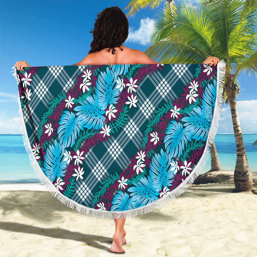 Polynesian Monstera Tiare Floral Beach Blanket Dark Teal Tropical Plaid - Polynesian Pride
