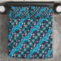 Polynesian Monstera Tiare Floral Bedding Set Dark Teal Tropical Plaid - Polynesian Pride