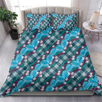 Polynesian Monstera Tiare Floral Bedding Set Dark Teal Tropical Plaid - Polynesian Pride