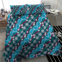 Polynesian Monstera Tiare Floral Bedding Set Dark Teal Tropical Plaid - Polynesian Pride