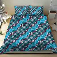 Polynesian Monstera Tiare Floral Bedding Set Dark Teal Tropical Plaid - Polynesian Pride
