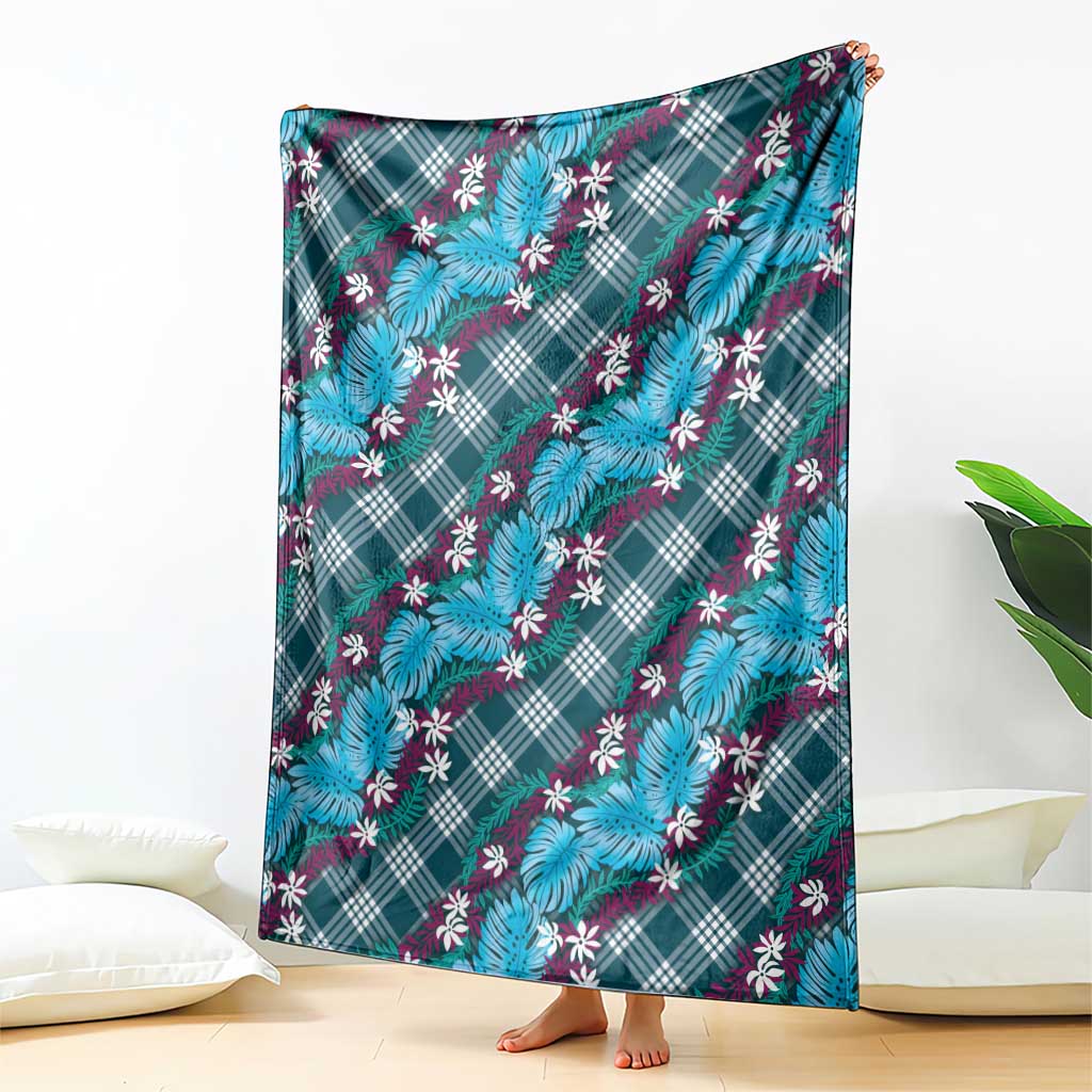 Polynesian Monstera Tiare Floral Blanket Dark Teal Tropical Plaid - Polynesian Pride