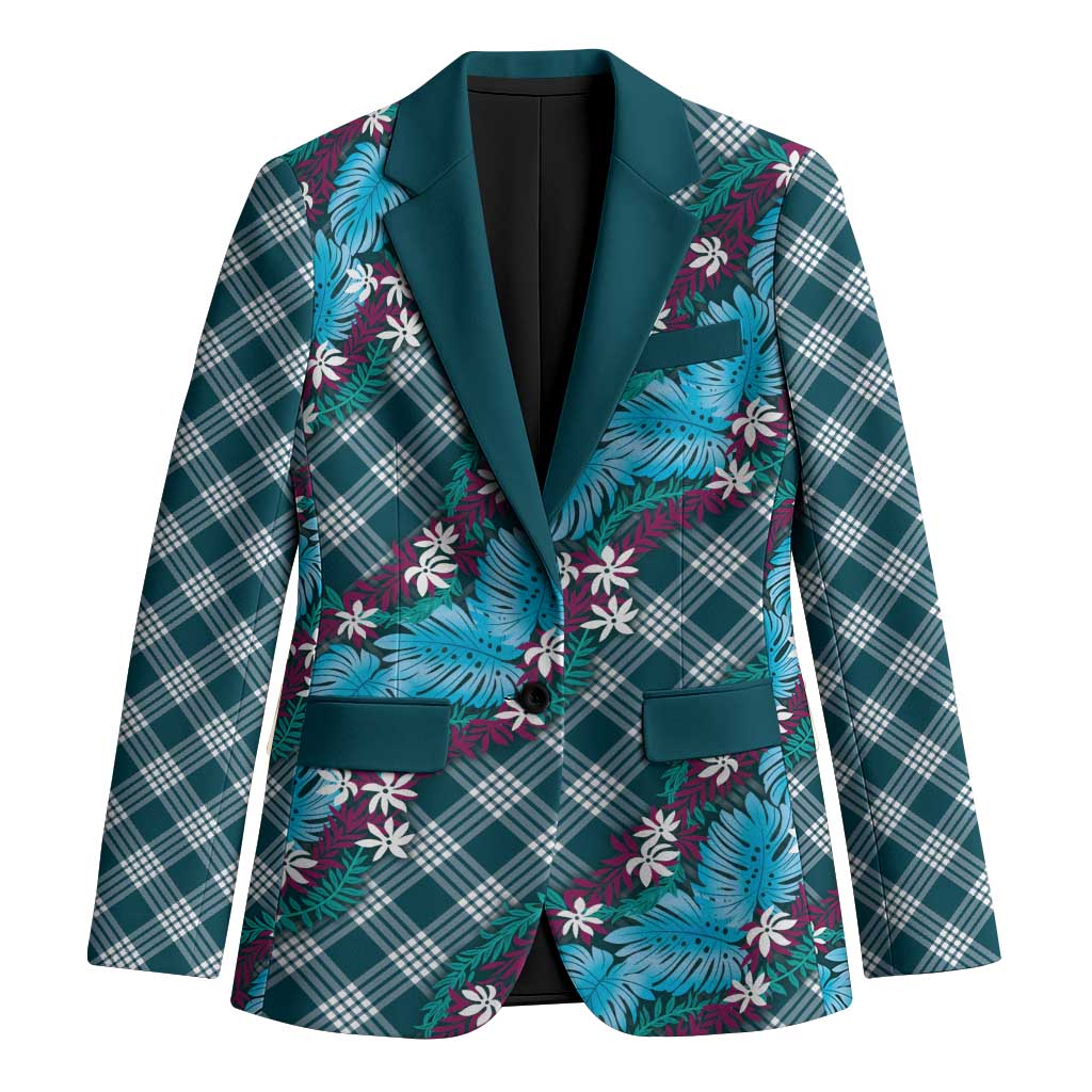 Polynesian Monstera Tiare Floral Blazer Dark Teal Tropical Plaid - Polynesian Pride