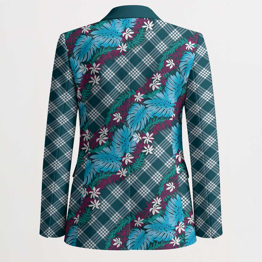 Polynesian Monstera Tiare Floral Blazer Dark Teal Tropical Plaid - Polynesian Pride
