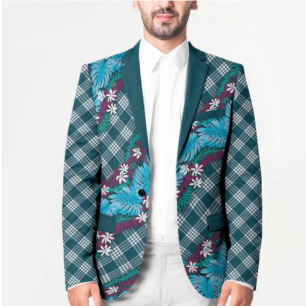 Polynesian Monstera Tiare Floral Blazer Dark Teal Tropical Plaid - Polynesian Pride