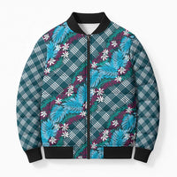 Polynesian Monstera Tiare Floral Bomber Puffer Jacket Dark Teal Tropical Plaid - Polynesian Pride