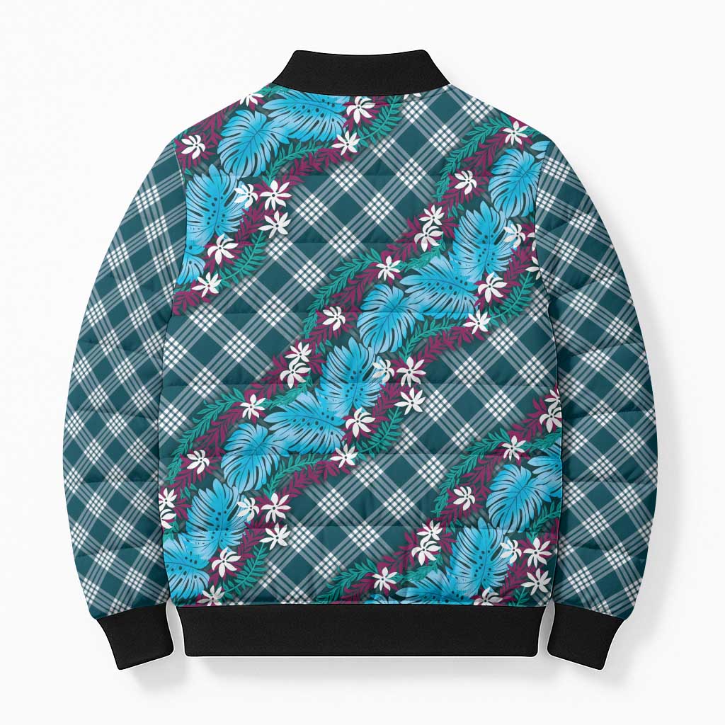 Polynesian Monstera Tiare Floral Bomber Puffer Jacket Dark Teal Tropical Plaid - Polynesian Pride