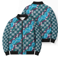 Polynesian Monstera Tiare Floral Bomber Puffer Jacket Dark Teal Tropical Plaid - Polynesian Pride