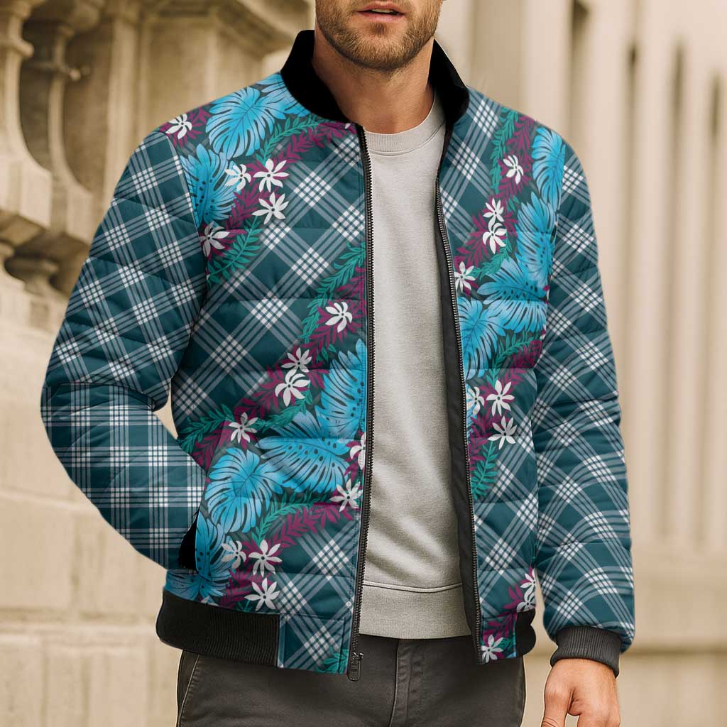 Polynesian Monstera Tiare Floral Bomber Puffer Jacket Dark Teal Tropical Plaid - Polynesian Pride
