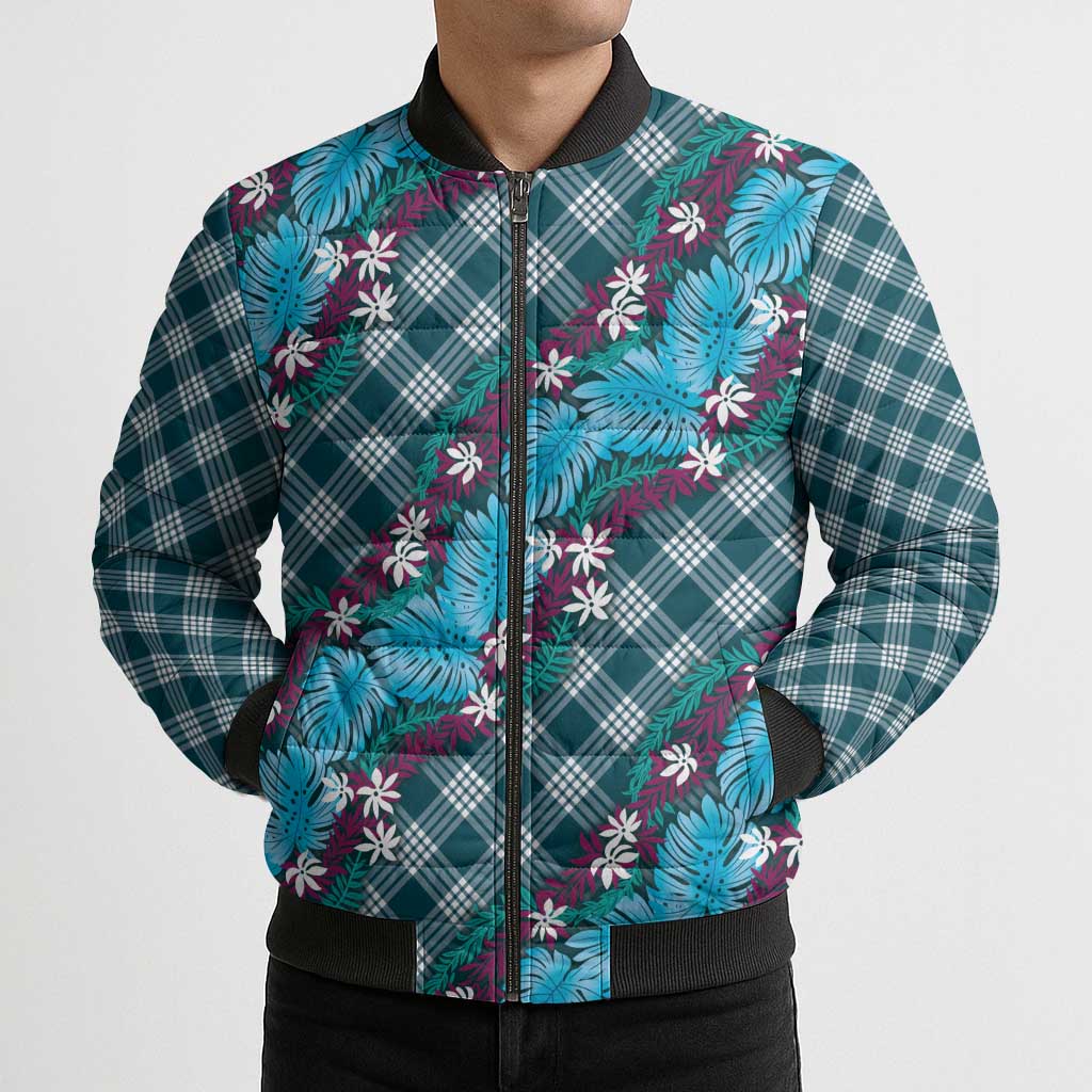 Polynesian Monstera Tiare Floral Bomber Puffer Jacket Dark Teal Tropical Plaid - Polynesian Pride