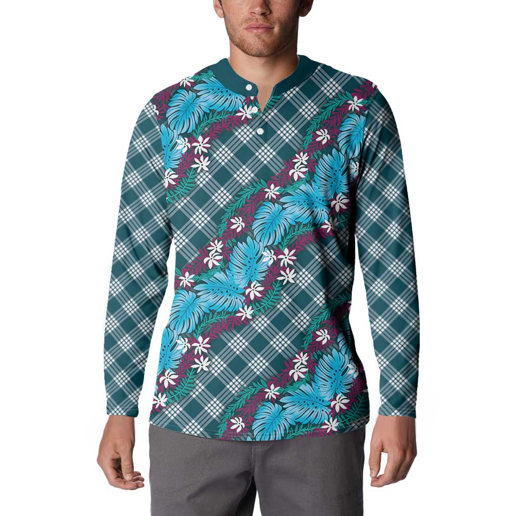 Polynesian Monstera Tiare Floral Button Sweatshirt Dark Teal Tropical Plaid - Polynesian Pride