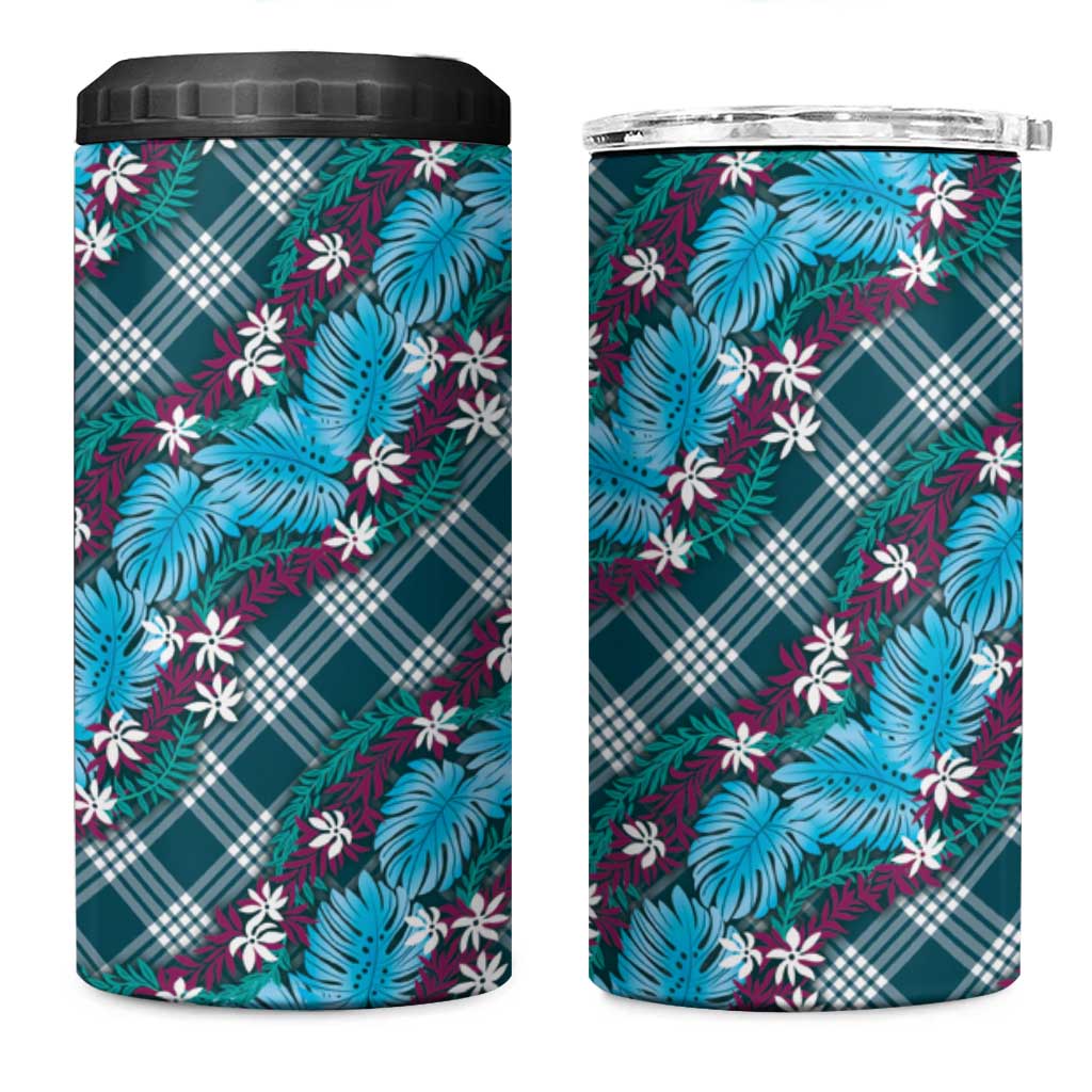 Polynesian Monstera Tiare Floral 4 in 1 Can Cooler Tumbler Dark Teal Tropical Plaid - Polynesian Pride