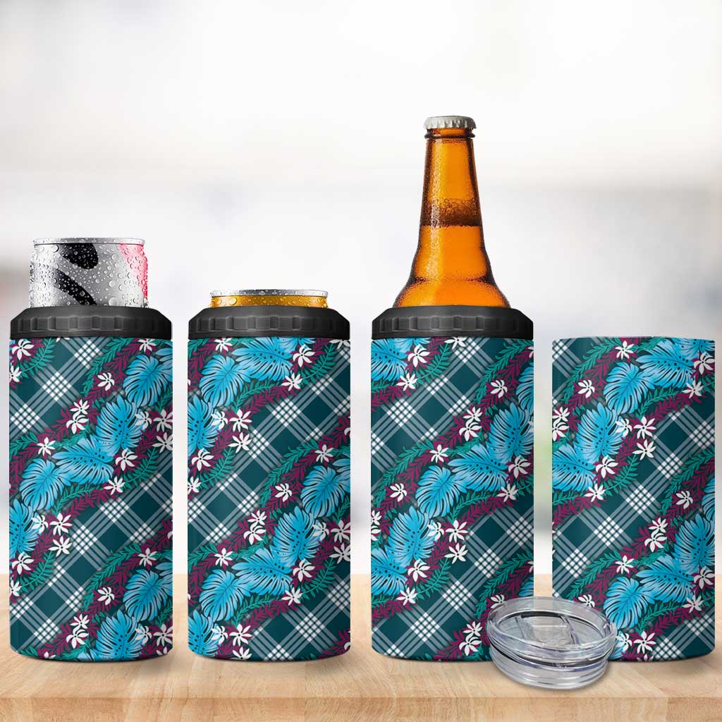 Polynesian Monstera Tiare Floral 4 in 1 Can Cooler Tumbler Dark Teal Tropical Plaid - Polynesian Pride