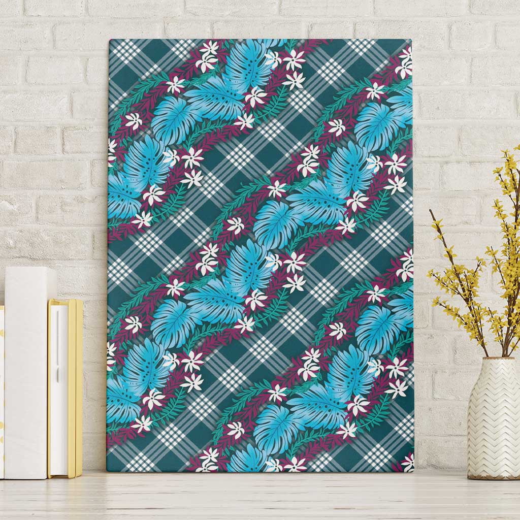 Polynesian Monstera Tiare Floral Canvas Wall Art Dark Teal Tropical Plaid - Polynesian Pride