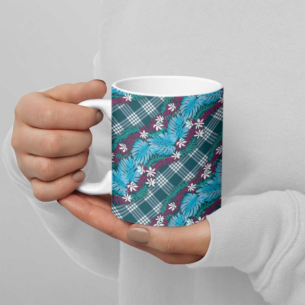 Polynesian Monstera Tiare Floral Ceramic Mug Dark Teal Tropical Plaid - Polynesian Pride