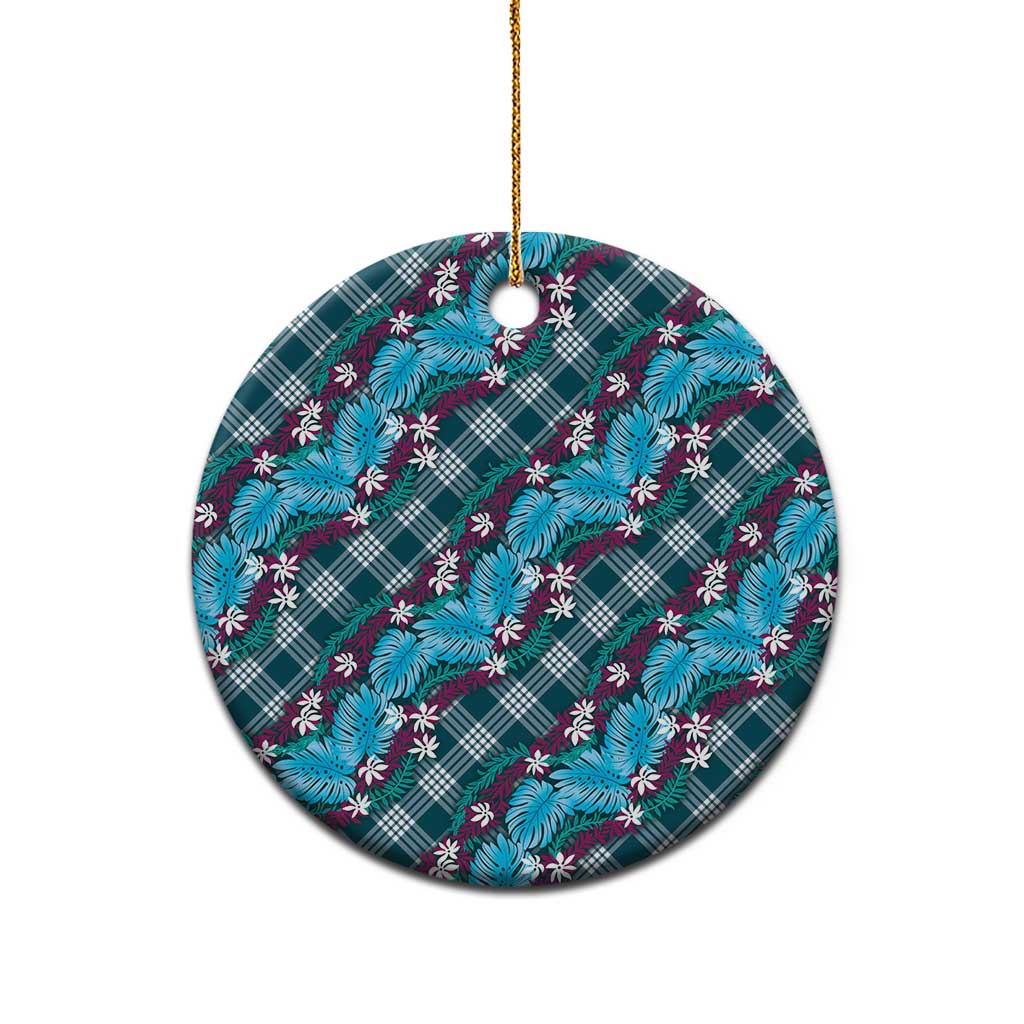 Polynesian Monstera Tiare Floral Ceramic Ornament Dark Teal Tropical Plaid - Polynesian Pride