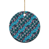 Polynesian Monstera Tiare Floral Ceramic Ornament Dark Teal Tropical Plaid - Polynesian Pride